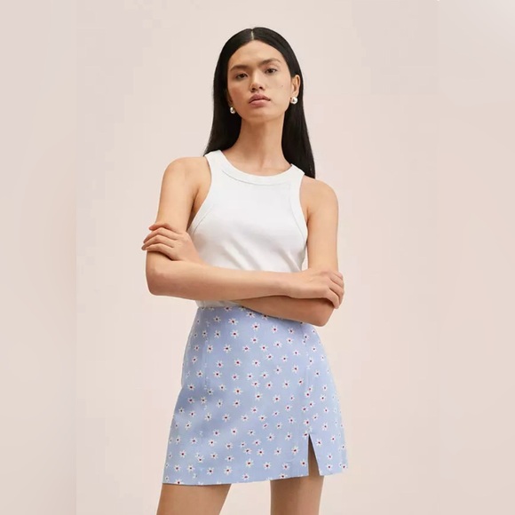 MANGO Mini Floral Skirt Size XS Front Slit Lined Blue Red White MNG - Picture 7 of 14